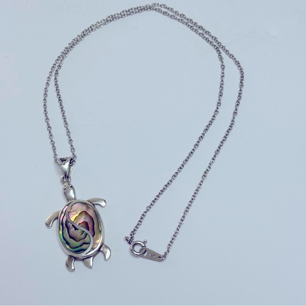 Sterling Silver 925 Turtle Abalone Shell Pendant Necklace